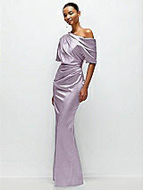 Side View Thumbnail - Lilac Haze Asymmetrical Off-the-Shoulder Pleated Satin Maxi Dress