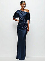 Front View Thumbnail - Midnight Navy Asymmetrical Off-the-Shoulder Pleated Satin Maxi Dress