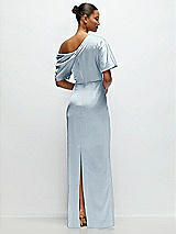 Rear View Thumbnail - Mist Asymmetrical Off-the-Shoulder Pleated Satin Maxi Dress