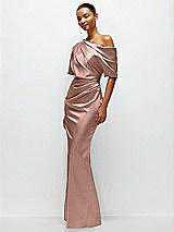 Side View Thumbnail - Neu Nude Asymmetrical Off-the-Shoulder Pleated Satin Maxi Dress