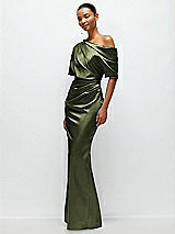 Side View Thumbnail - Olive Green Asymmetrical Off-the-Shoulder Pleated Satin Maxi Dress