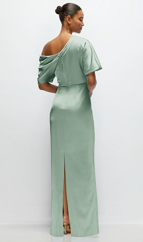 Back View - Seagrass Asymmetrical Off-the-Shoulder Pleated Satin Maxi Dress