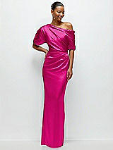 Front View Thumbnail - Think Pink Asymmetrical Off-the-Shoulder Pleated Satin Maxi Dress