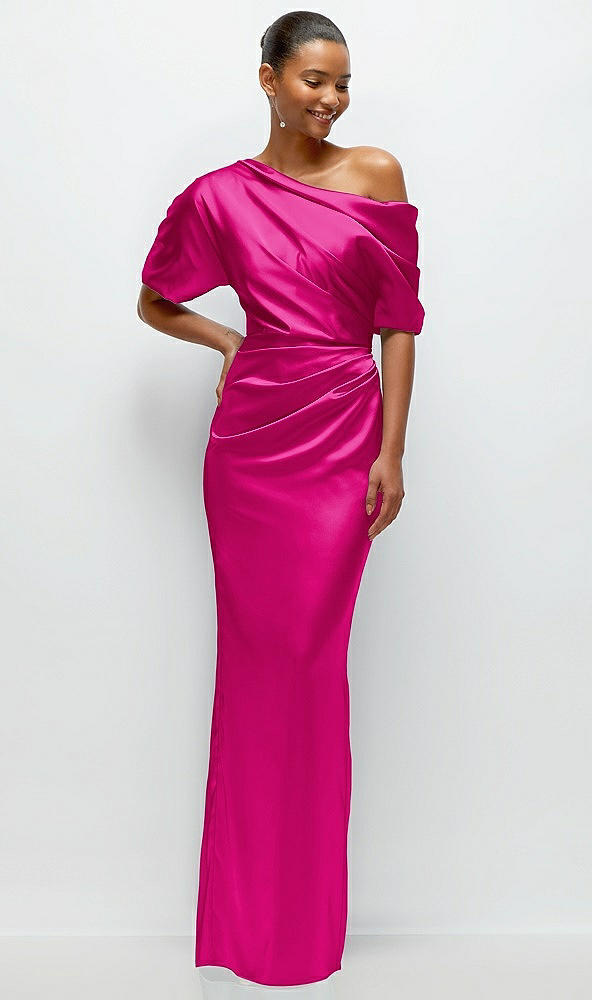 Front View - Think Pink Asymmetrical Off-the-Shoulder Pleated Satin Maxi Dress