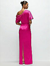 Rear View Thumbnail - Think Pink Asymmetrical Off-the-Shoulder Pleated Satin Maxi Dress