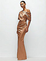 Side View Thumbnail - Toffee Asymmetrical Off-the-Shoulder Pleated Satin Maxi Dress