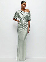 Front View Thumbnail - Willow Green Asymmetrical Off-the-Shoulder Pleated Satin Maxi Dress