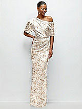 Front View Thumbnail - Golden Hour Asymmetrical Off-the-Shoulder Draped Floral Satin Maxi Dress