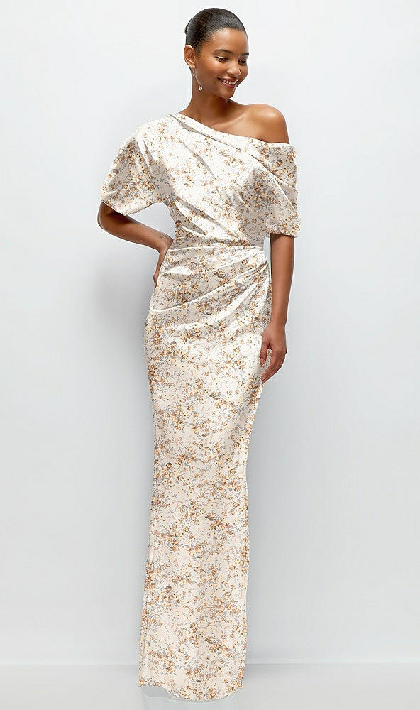 Front View - Golden Hour Asymmetrical Off-the-Shoulder Draped Floral Satin Maxi Dress