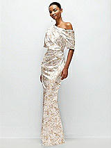 Side View Thumbnail - Golden Hour Asymmetrical Off-the-Shoulder Draped Floral Satin Maxi Dress