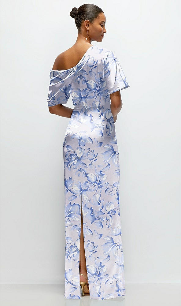 Back View - Magnolia Sky Asymmetrical Off-the-Shoulder Draped Floral Satin Maxi Dress