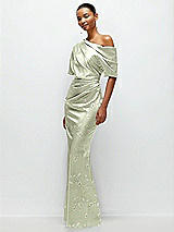 Side View Thumbnail - Vintage Primrose Celadon Asymmetrical Off-the-Shoulder Draped Floral Satin Maxi Dress