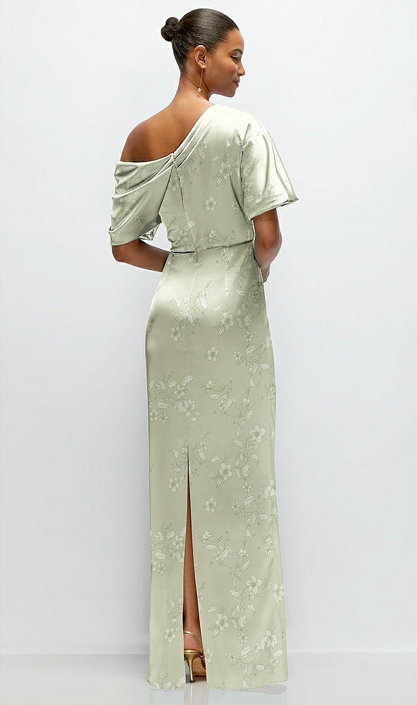 Back View - Vintage Primrose Celadon Asymmetrical Off-the-Shoulder Draped Floral Satin Maxi Dress