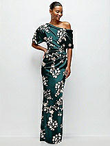 Front View Thumbnail - Vintage Primrose Evergreen Asymmetrical Off-the-Shoulder Draped Floral Satin Maxi Dress