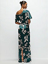 Rear View Thumbnail - Vintage Primrose Evergreen Asymmetrical Off-the-Shoulder Draped Floral Satin Maxi Dress