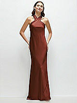 Front View Thumbnail - Auburn Moon Pleated Halter Bias Satin Maxi Dress with Self-Tie Bow Back