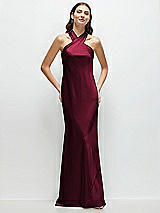 Front View Thumbnail - Cabernet Pleated Halter Bias Satin Maxi Dress with Self-Tie Bow Back