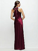 Rear View Thumbnail - Cabernet Pleated Halter Bias Satin Maxi Dress with Self-Tie Bow Back