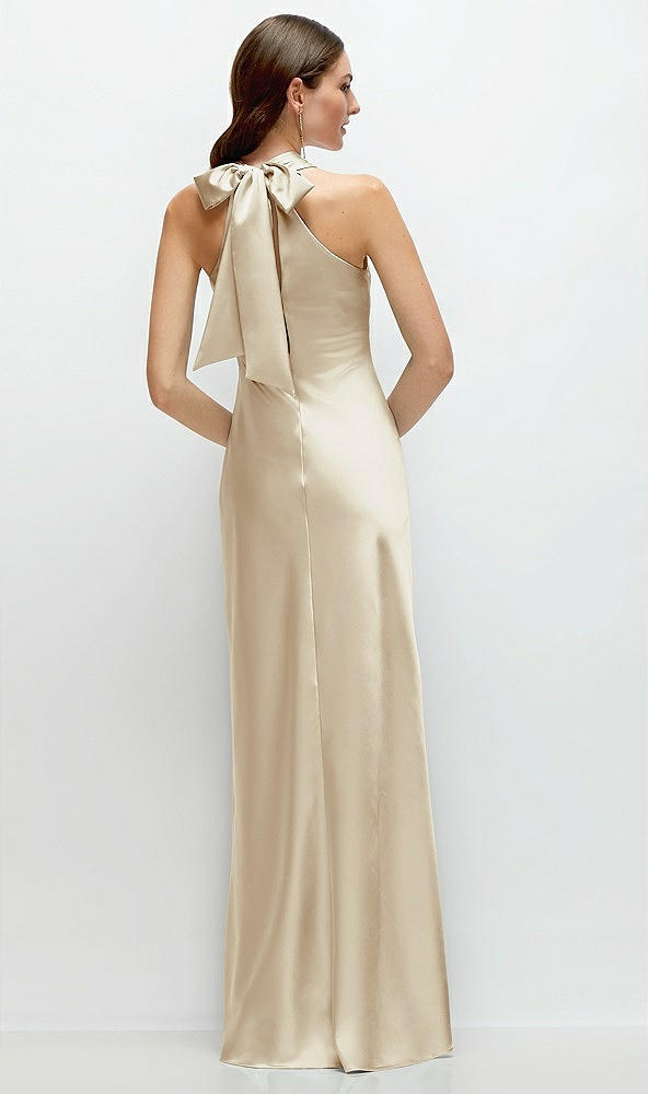 Back View - Champagne Pleated Halter Bias Satin Maxi Dress with Self-Tie Bow Back