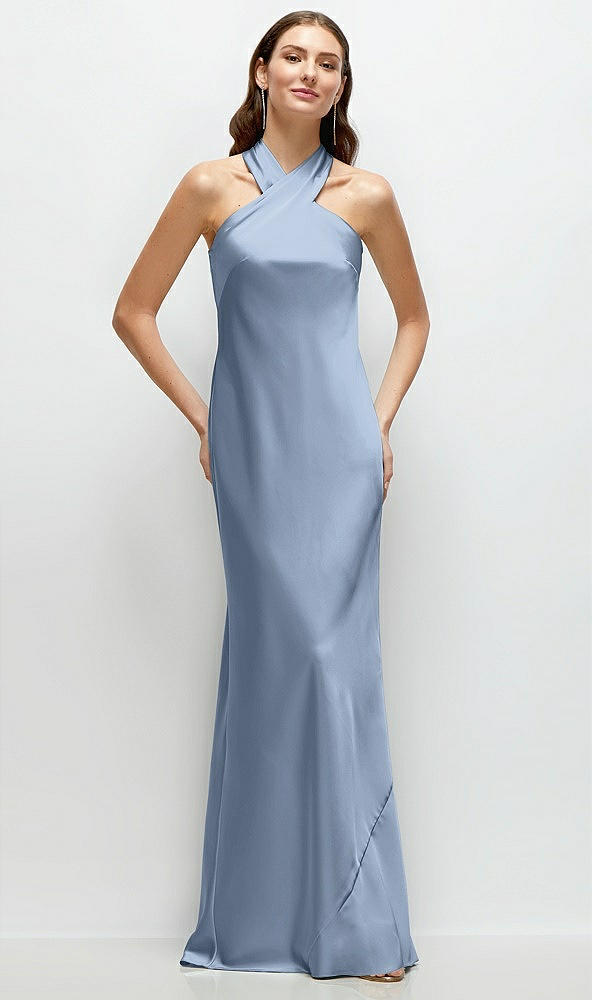 Front View - Cloudy Pleated Halter Bias Satin Maxi Dress with Self-Tie Bow Back