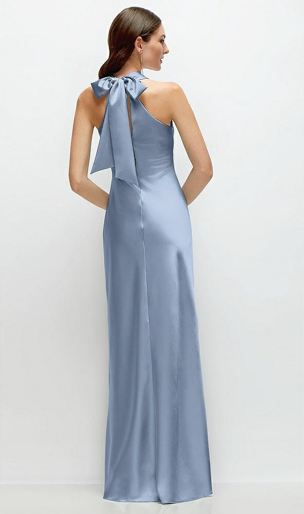 Back View - Cloudy Pleated Halter Bias Satin Maxi Dress with Self-Tie Bow Back