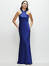 Front View Thumbnail - Cobalt Blue Pleated Halter Bias Satin Maxi Dress with Self-Tie Bow Back