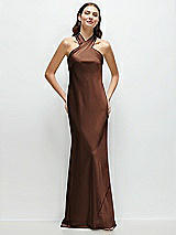 Front View Thumbnail - Cognac Pleated Halter Bias Satin Maxi Dress with Self-Tie Bow Back