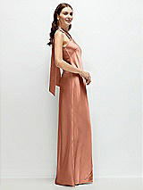 Side View Thumbnail - Copper Penny Pleated Halter Bias Satin Maxi Dress with Self-Tie Bow Back