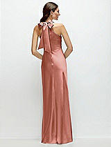 Rear View Thumbnail - Desert Rose Pleated Halter Bias Satin Maxi Dress with Self-Tie Bow Back