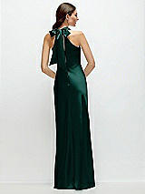 Rear View Thumbnail - Evergreen Pleated Halter Bias Satin Maxi Dress with Self-Tie Bow Back