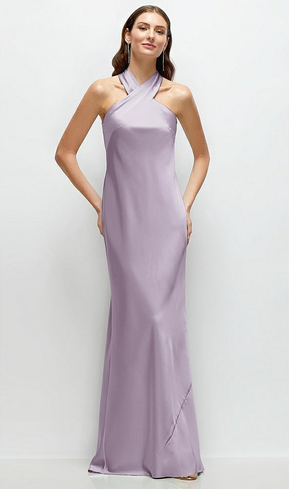 Front View - Lilac Haze Pleated Halter Bias Satin Maxi Dress with Self-Tie Bow Back