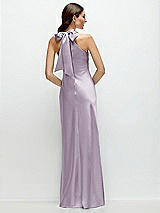 Rear View Thumbnail - Lilac Haze Pleated Halter Bias Satin Maxi Dress with Self-Tie Bow Back