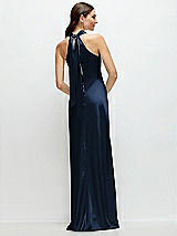 Alt View 1 Thumbnail - Midnight Navy Pleated Halter Bias Satin Maxi Dress with Self-Tie Bow Back