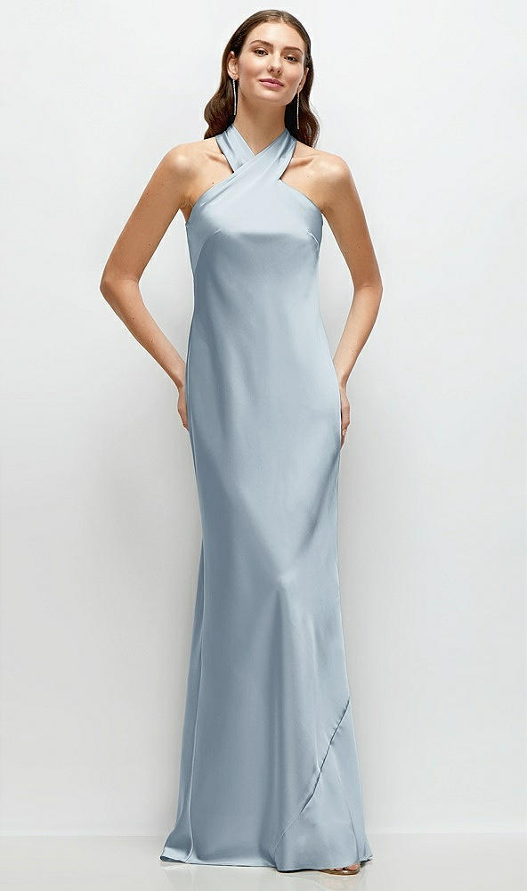 Front View - Mist Pleated Halter Bias Satin Maxi Dress with Self-Tie Bow Back