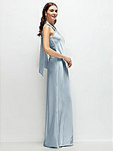 Side View Thumbnail - Mist Pleated Halter Bias Satin Maxi Dress with Self-Tie Bow Back