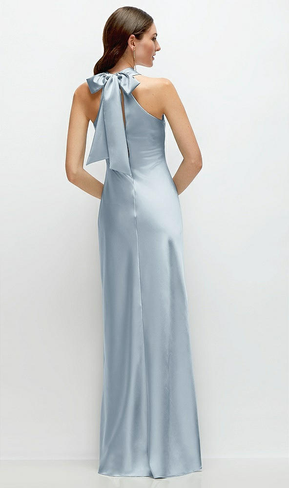 Back View - Mist Pleated Halter Bias Satin Maxi Dress with Self-Tie Bow Back