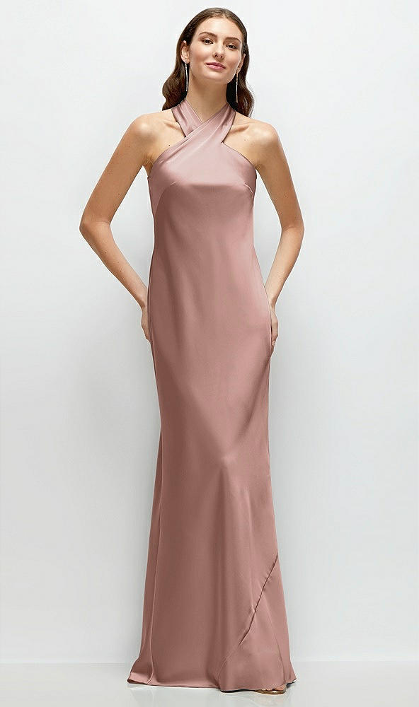 Front View - Neu Nude Pleated Halter Bias Satin Maxi Dress with Self-Tie Bow Back