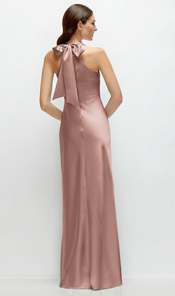 Back View - Neu Nude Pleated Halter Bias Satin Maxi Dress with Self-Tie Bow Back