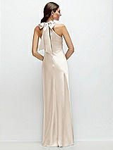 Rear View Thumbnail - Oat Pleated Halter Bias Satin Maxi Dress with Self-Tie Bow Back