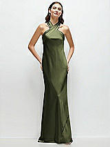 Front View Thumbnail - Olive Green Pleated Halter Bias Satin Maxi Dress with Self-Tie Bow Back