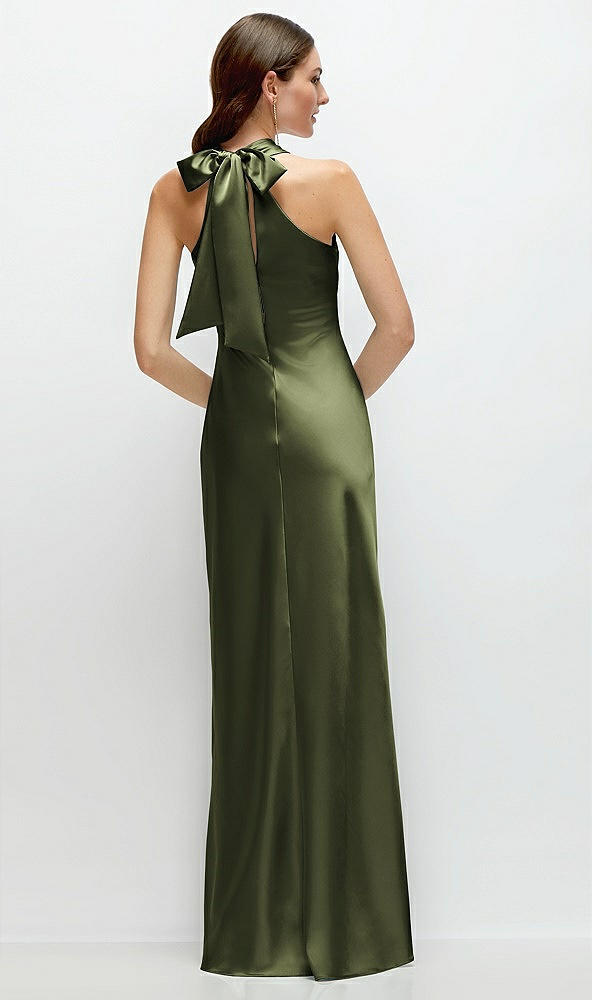 Back View - Olive Green Pleated Halter Bias Satin Maxi Dress with Self-Tie Bow Back