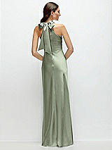 Rear View Thumbnail - Sage Pleated Halter Bias Satin Maxi Dress with Self-Tie Bow Back