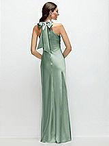 Rear View Thumbnail - Seagrass Pleated Halter Bias Satin Maxi Dress with Self-Tie Bow Back