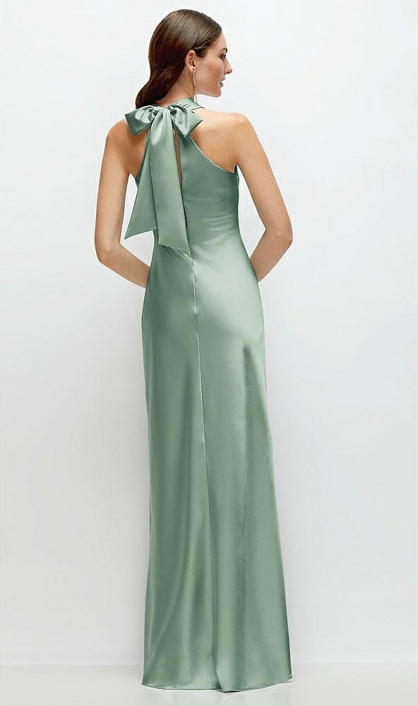 Back View - Seagrass Pleated Halter Bias Satin Maxi Dress with Self-Tie Bow Back