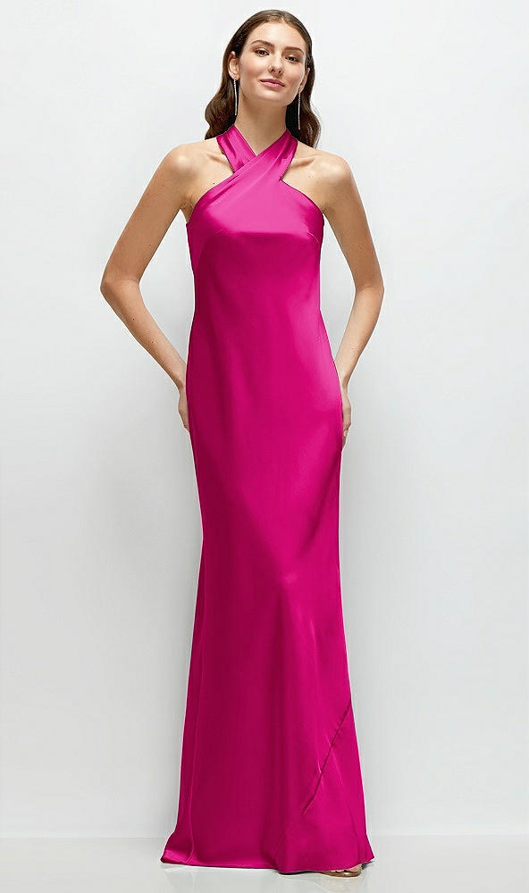 Front View - Think Pink Pleated Halter Bias Satin Maxi Dress with Self-Tie Bow Back