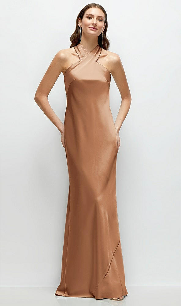 Front View - Toffee Pleated Halter Bias Satin Maxi Dress with Self-Tie Bow Back