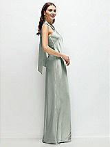 Side View Thumbnail - Willow Green Pleated Halter Bias Satin Maxi Dress with Self-Tie Bow Back