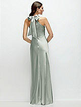 Rear View Thumbnail - Willow Green Pleated Halter Bias Satin Maxi Dress with Self-Tie Bow Back