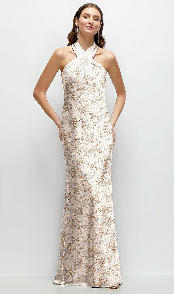 Front View - Golden Hour Floral Twist Pleated Halter Bias Satin Maxi Dress with Self-Tie Bow Back