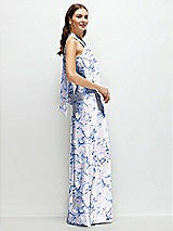 Side View Thumbnail - Magnolia Sky Floral Twist Pleated Halter Bias Satin Maxi Dress with Self-Tie Bow Back